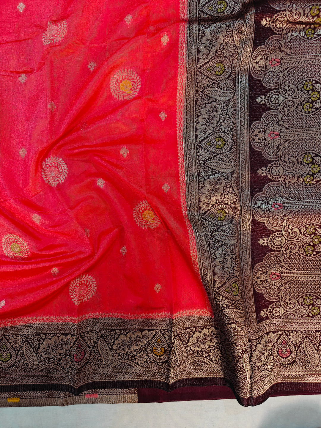 PEACH PAPER SILK MINAKARI WITH GARNET BORDER