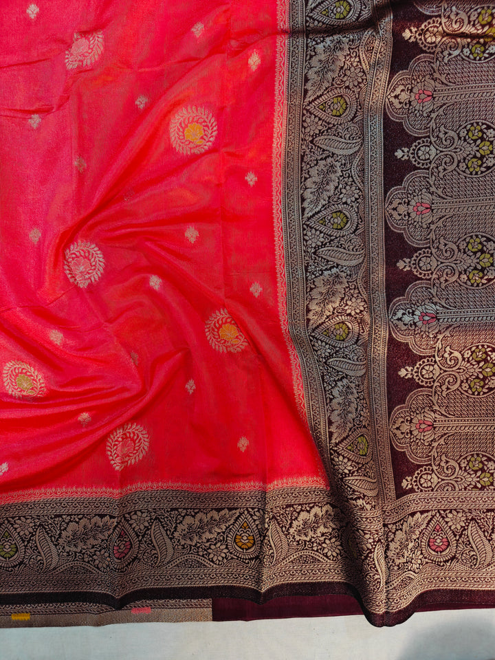 PEACH PAPER SILK MINAKARI WITH GARNET BORDER