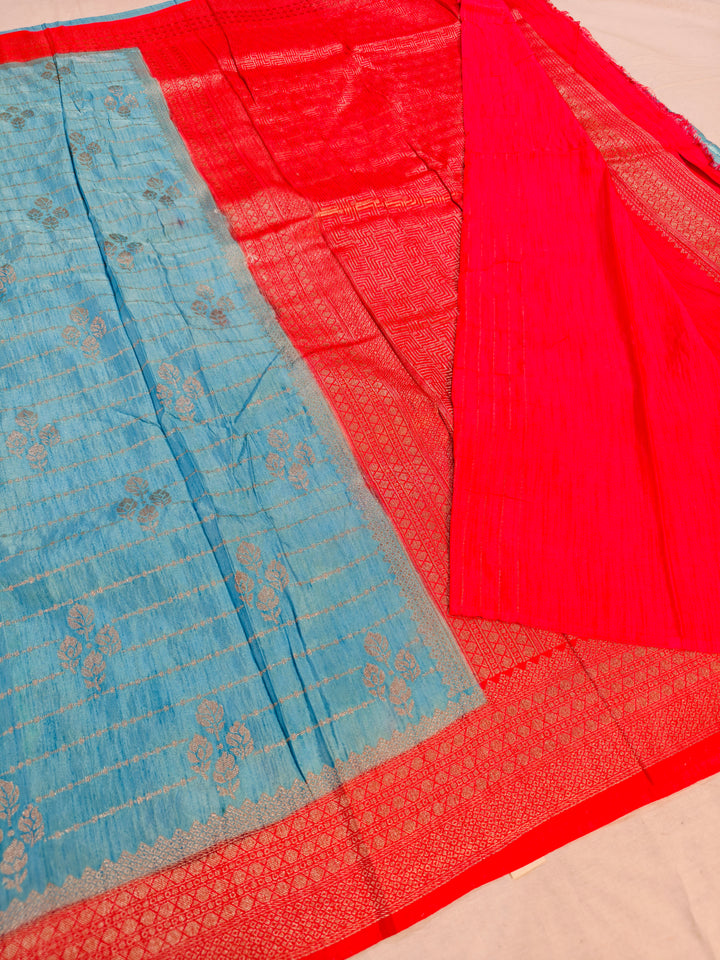SKY BLUE SOFT MATKA LINEN WITH RED BORDER