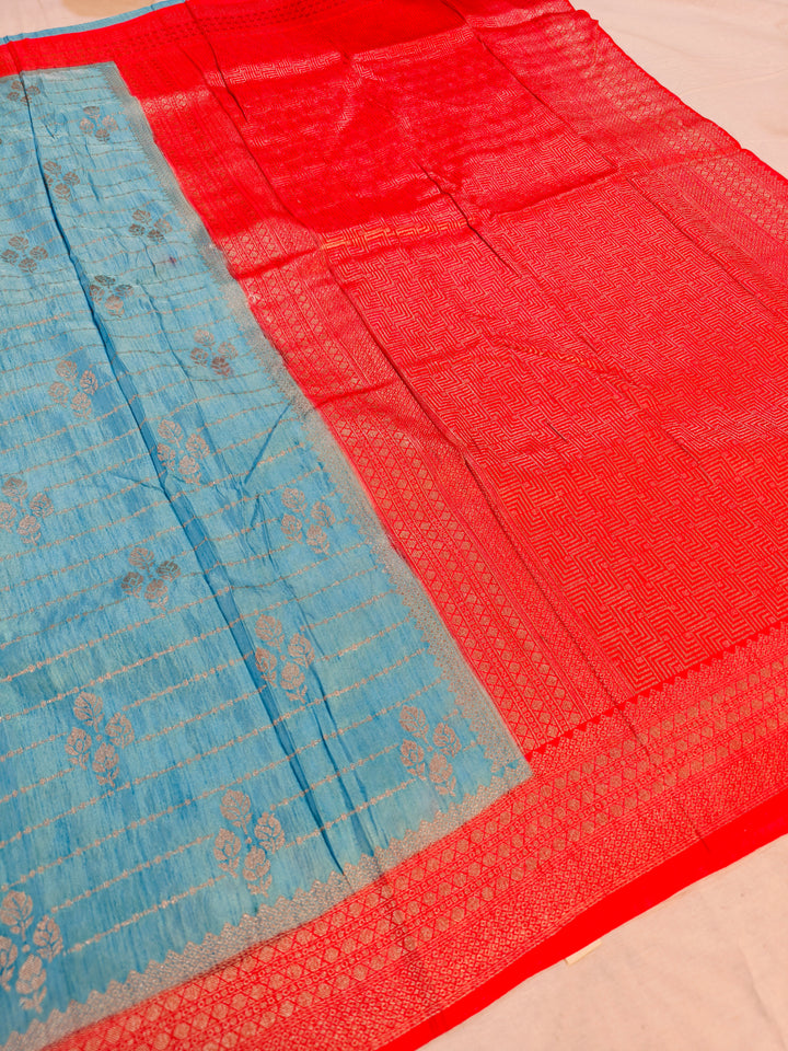 SKY BLUE SOFT MATKA LINEN WITH RED BORDER