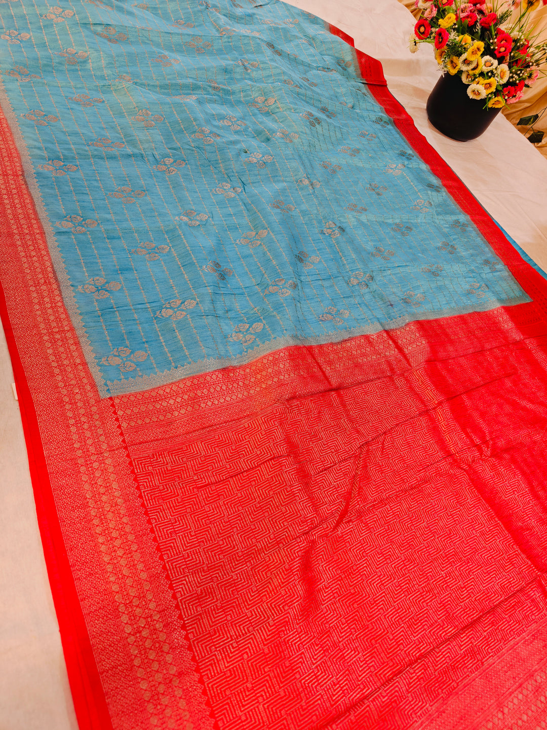 SKY BLUE SOFT MATKA LINEN WITH RED BORDER