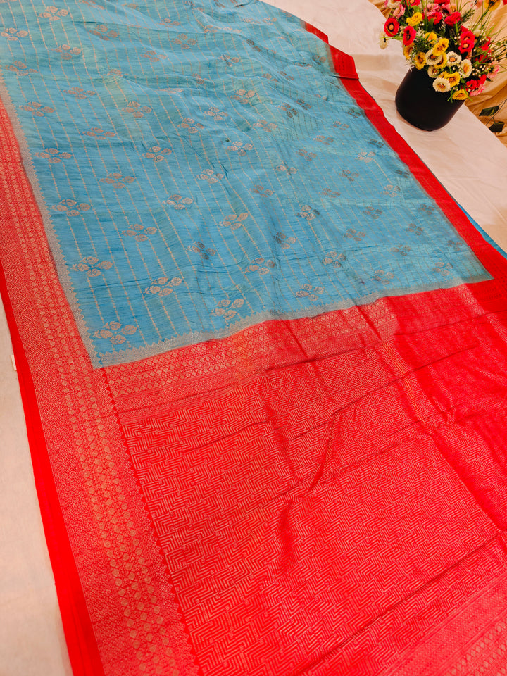 SKY BLUE SOFT MATKA LINEN WITH RED BORDER