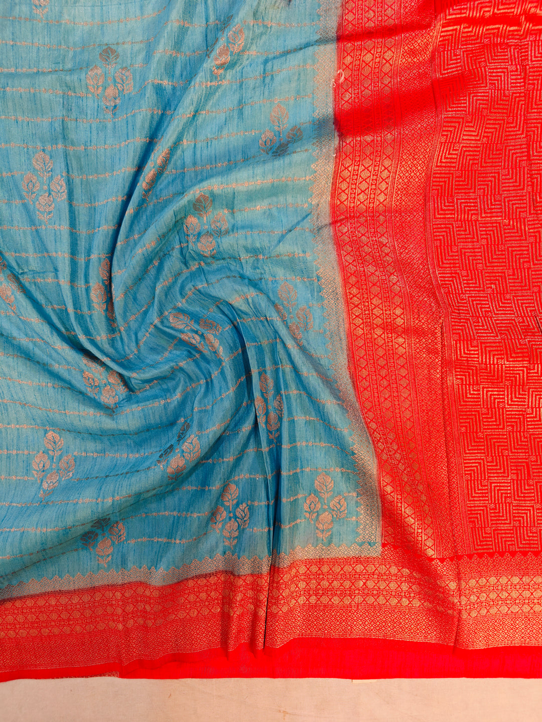 SKY BLUE SOFT MATKA LINEN WITH RED BORDER