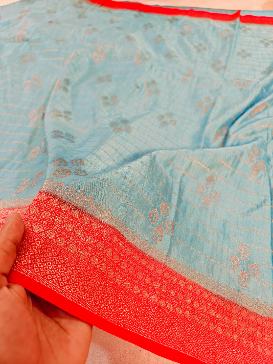 SKY BLUE SOFT MATKA LINEN WITH RED BORDER