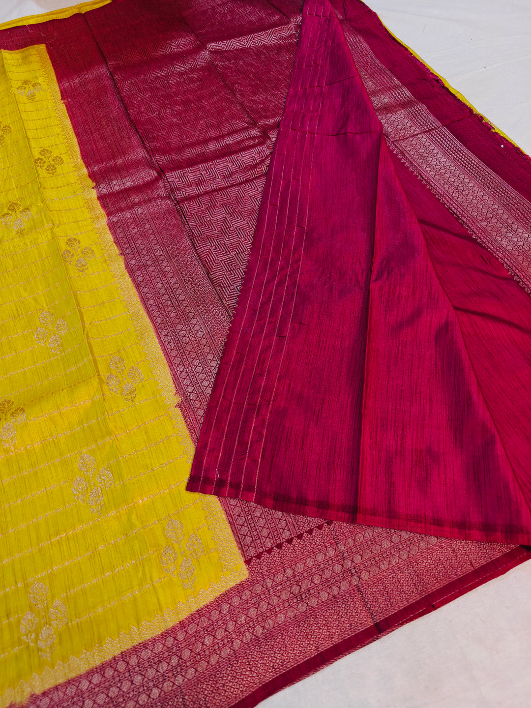 MUSTARD GOLD SOFT MATKA LINEN WITH MAGENTA BORDER