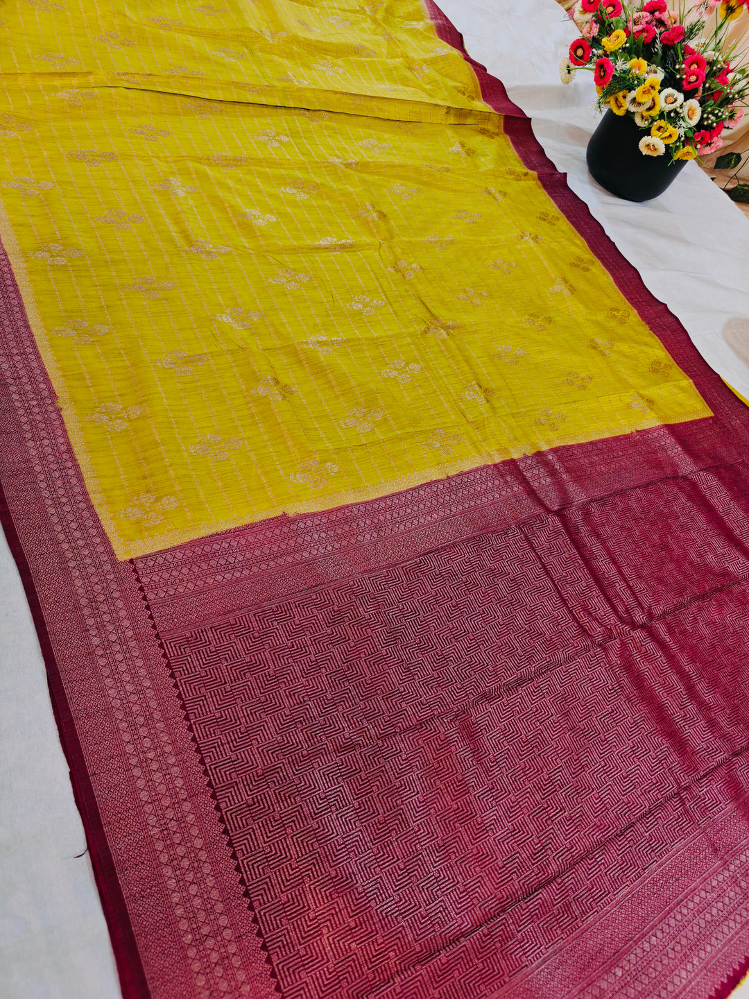 MUSTARD GOLD SOFT MATKA LINEN WITH MAGENTA BORDER