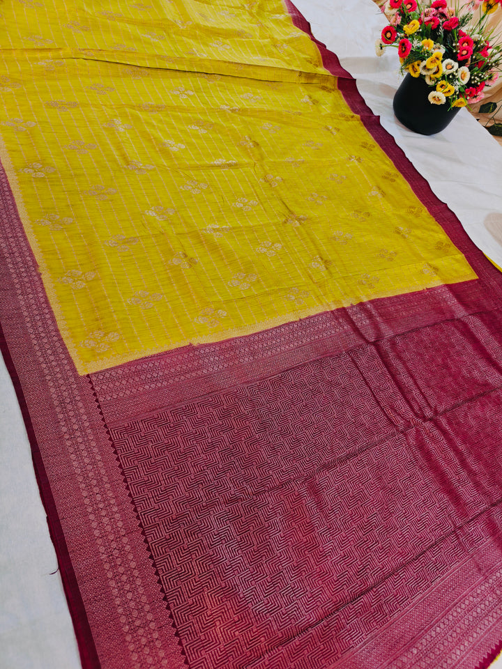 MUSTARD GOLD SOFT MATKA LINEN WITH MAGENTA BORDER