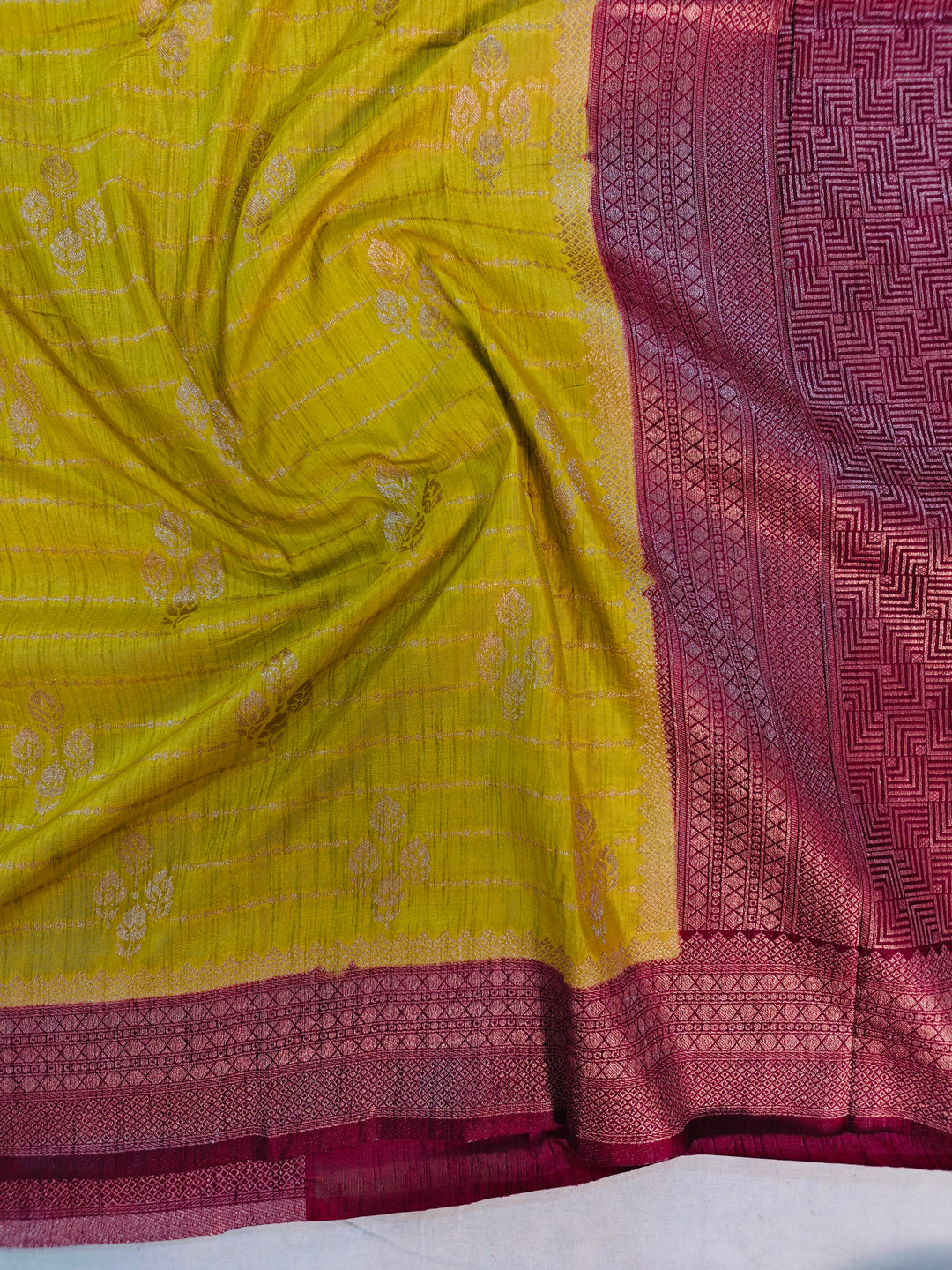 MUSTARD GOLD SOFT MATKA LINEN WITH MAGENTA BORDER