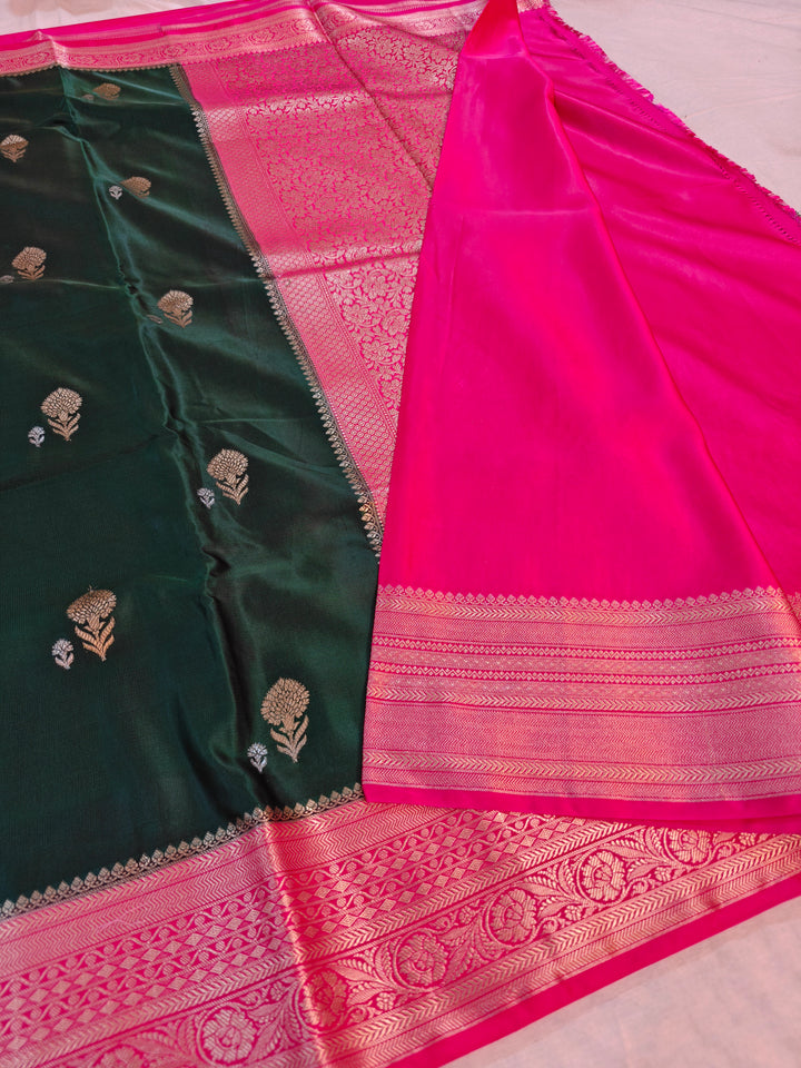 BOTTLE GREEN MASHRU KATAN SILK WITH RANI BORDER