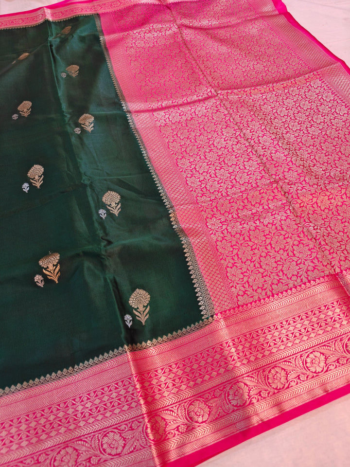 BOTTLE GREEN MASHRU KATAN SILK WITH RANI BORDER