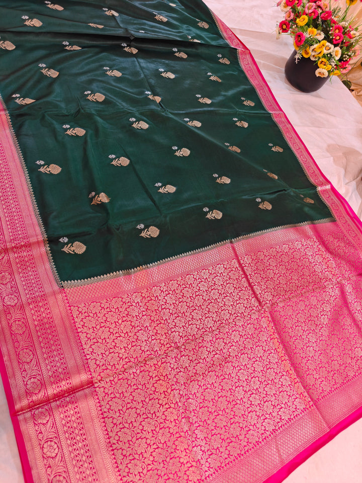 BOTTLE GREEN MASHRU KATAN SILK WITH RANI BORDER