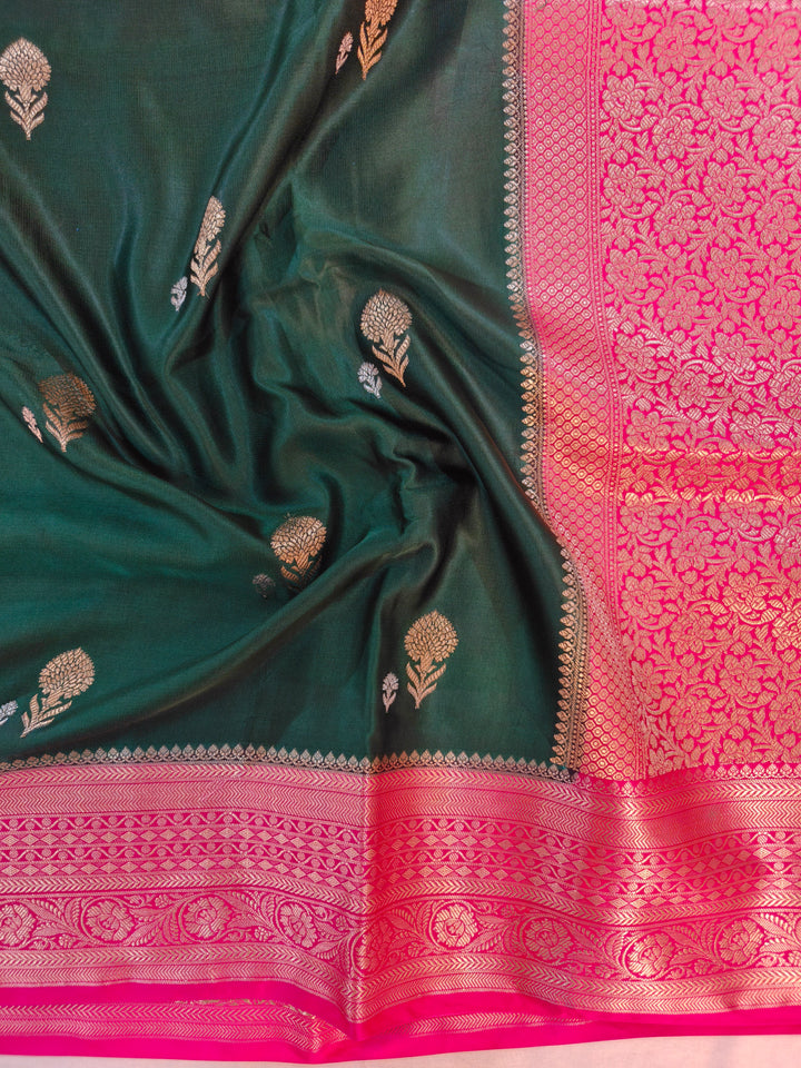 BOTTLE GREEN MASHRU KATAN SILK WITH RANI BORDER