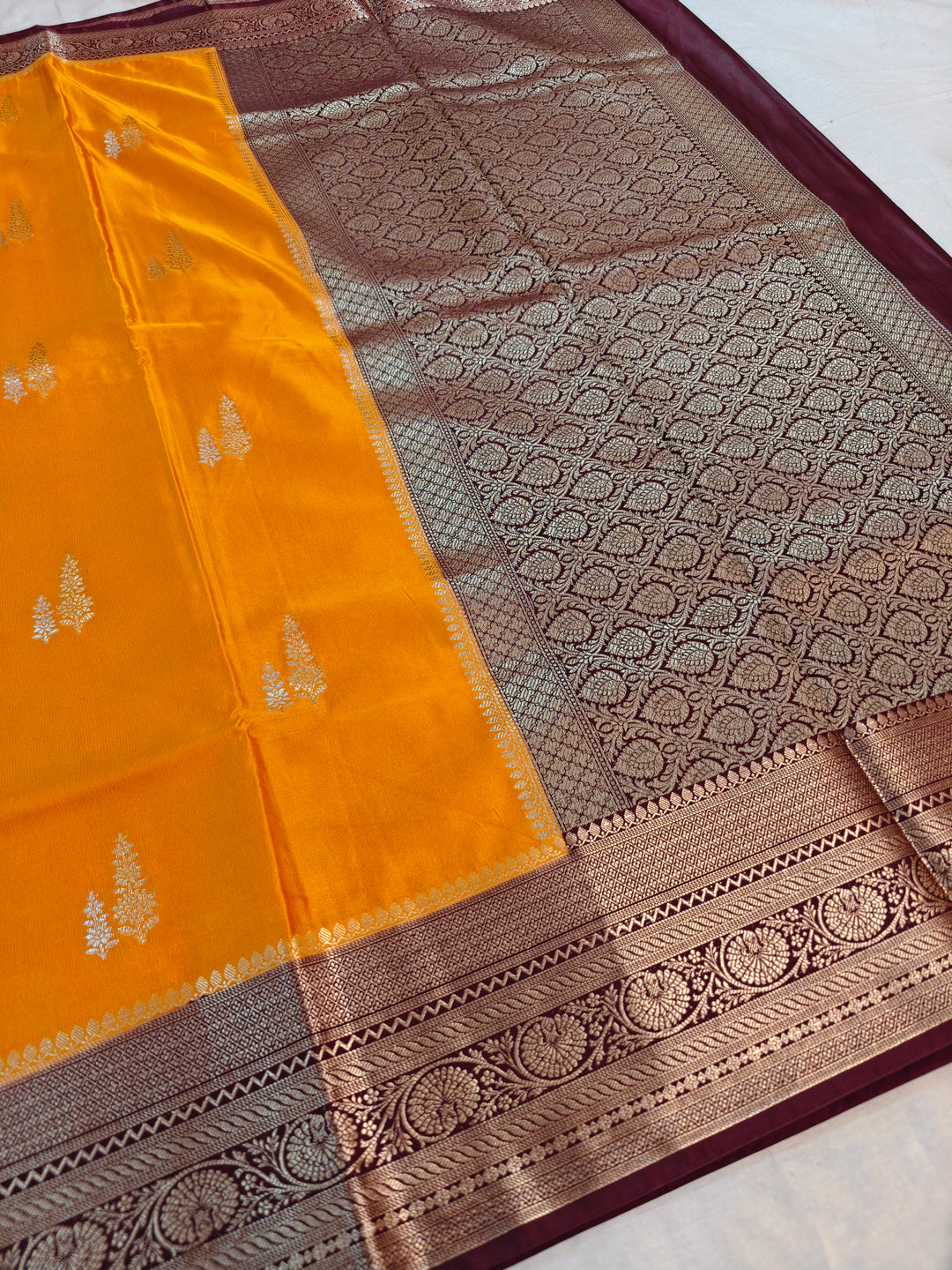 MUSTARD GOLD MASHRU KATAN SILK WITH MAROON BORDER