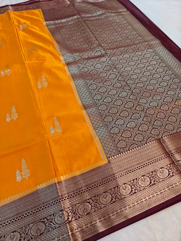 MUSTARD GOLD MASHRU KATAN SILK WITH MAROON BORDER
