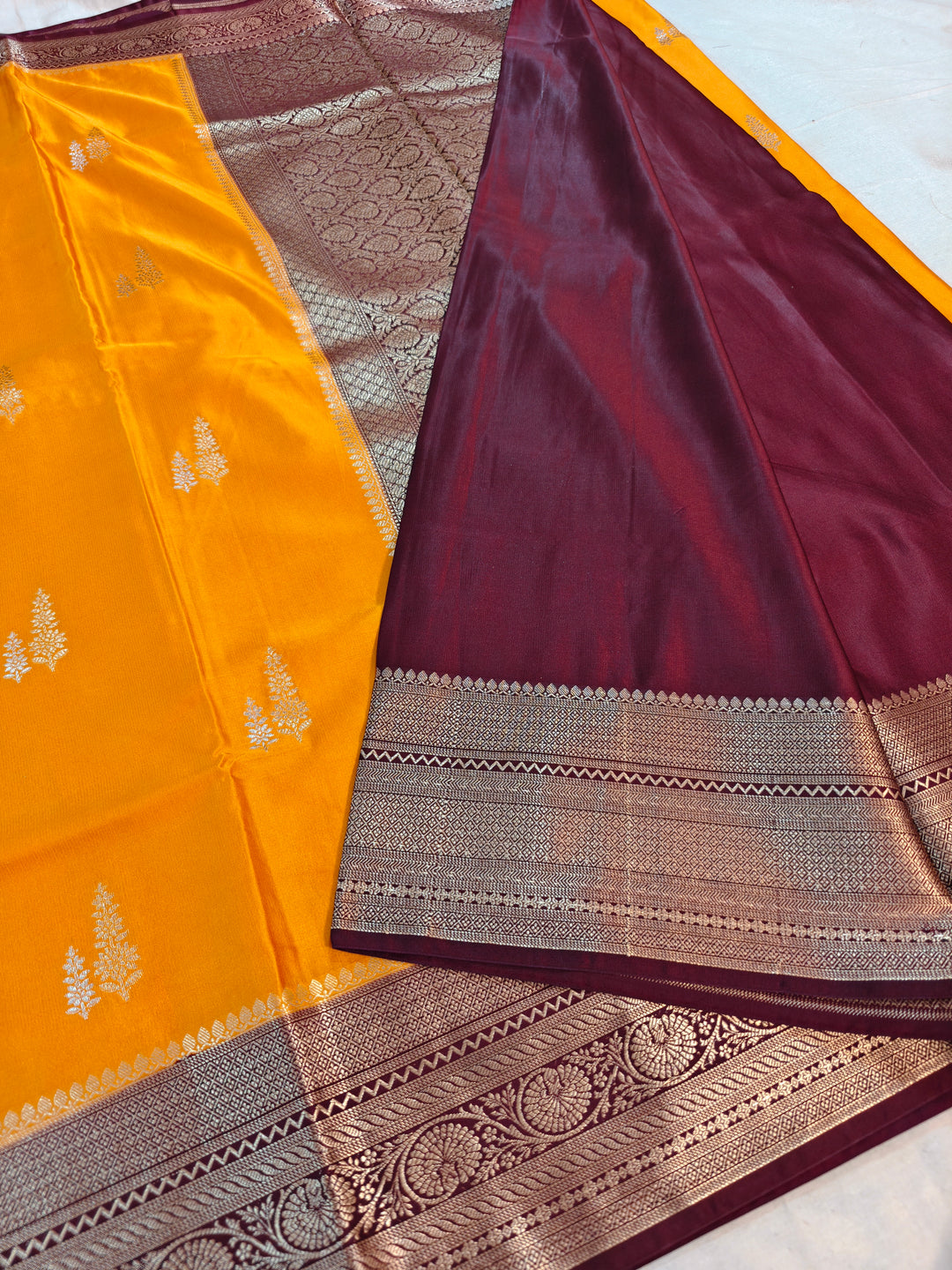 MUSTARD GOLD MASHRU KATAN SILK WITH MAROON BORDER