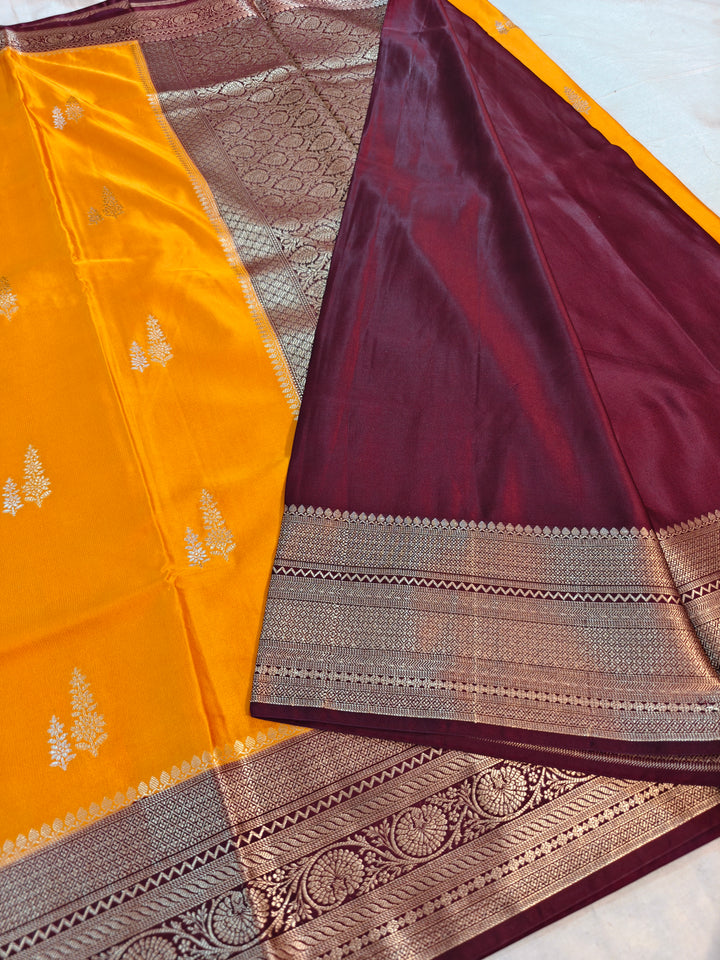MUSTARD GOLD MASHRU KATAN SILK WITH MAROON BORDER