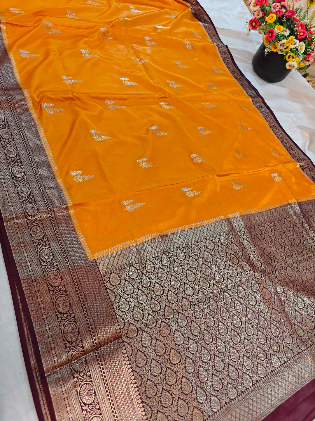 MUSTARD GOLD MASHRU KATAN SILK WITH MAROON BORDER