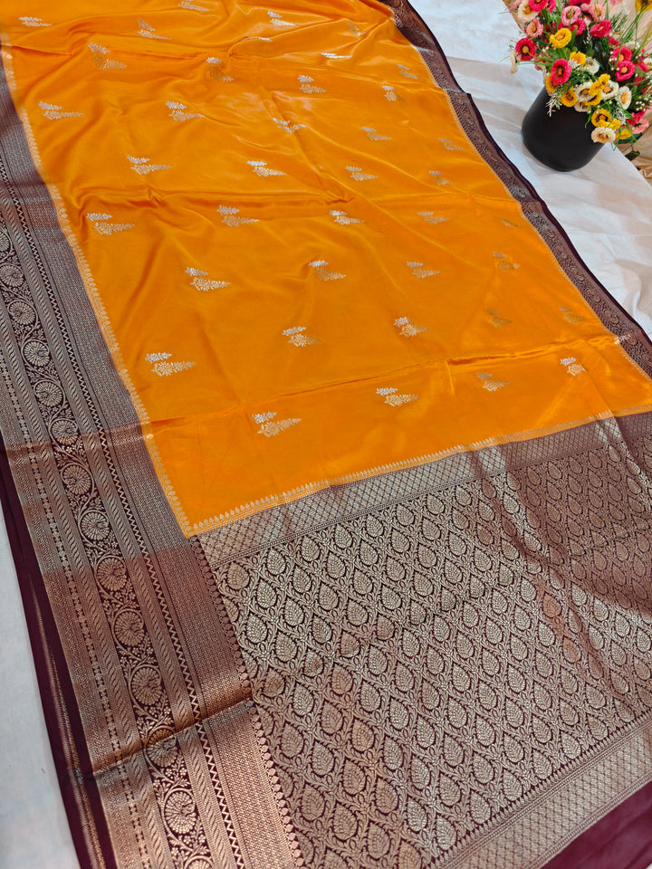MUSTARD GOLD MASHRU KATAN SILK WITH MAROON BORDER