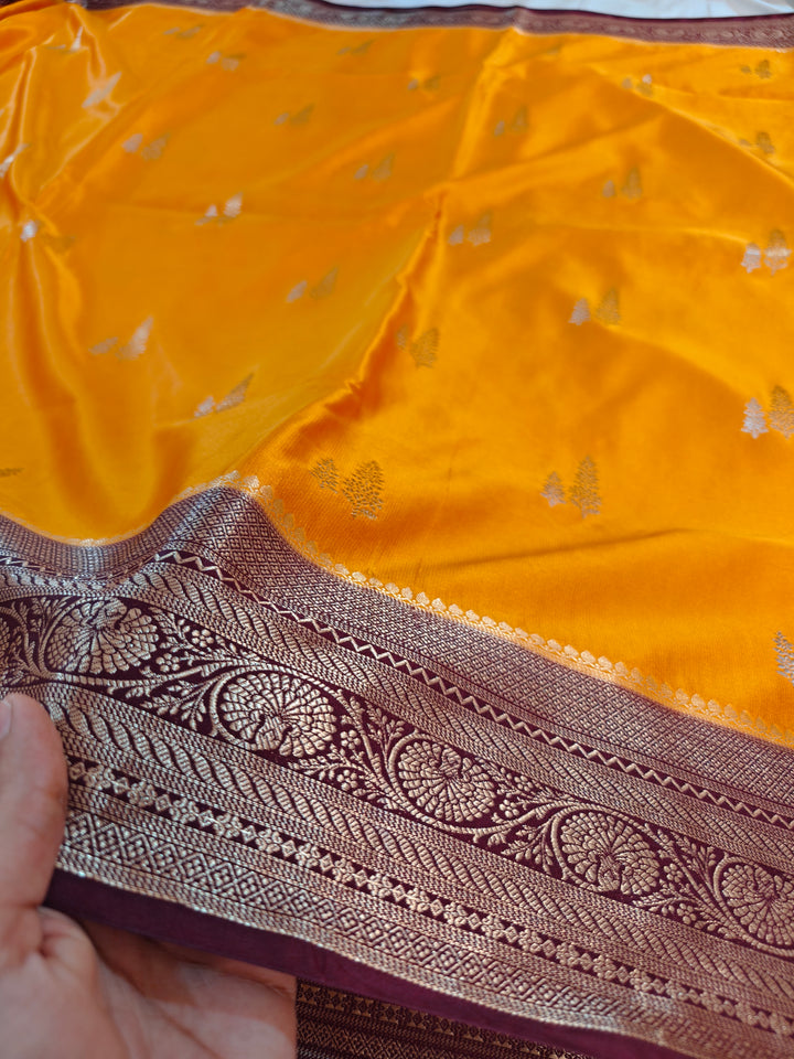MUSTARD GOLD MASHRU KATAN SILK WITH MAROON BORDER