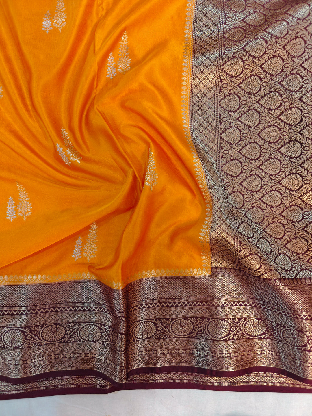 MUSTARD GOLD MASHRU KATAN SILK WITH MAROON BORDER
