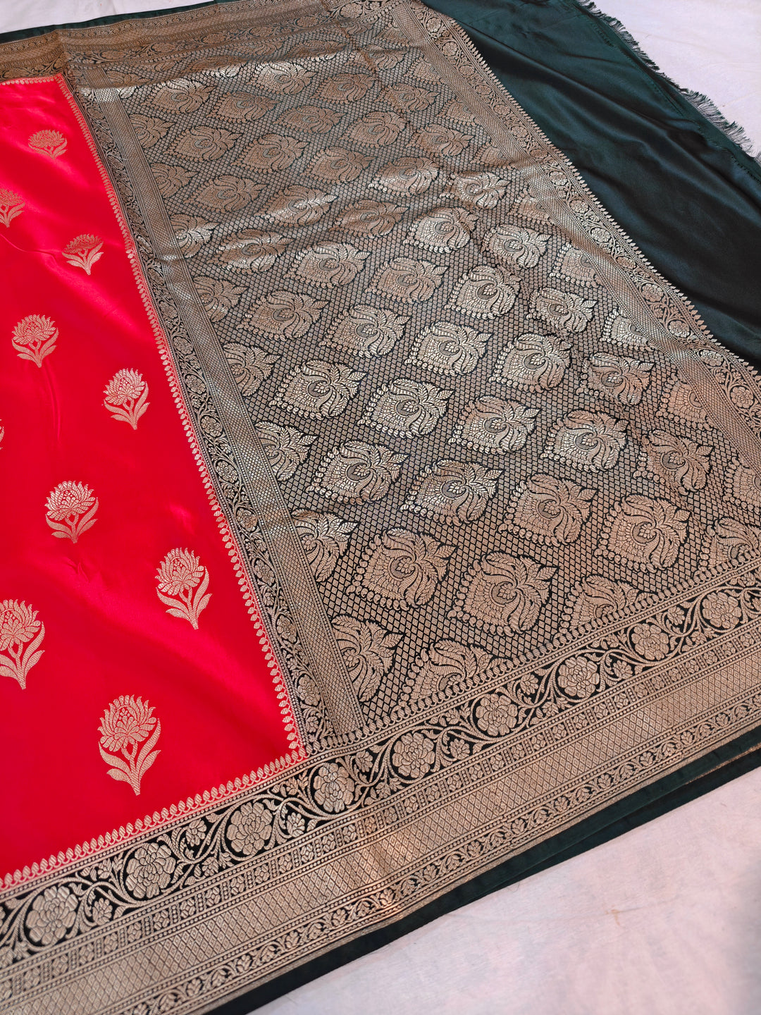 BRIGHT RED MASHRU KATAN SILK WITH BOTTLE GREEN BORDER
