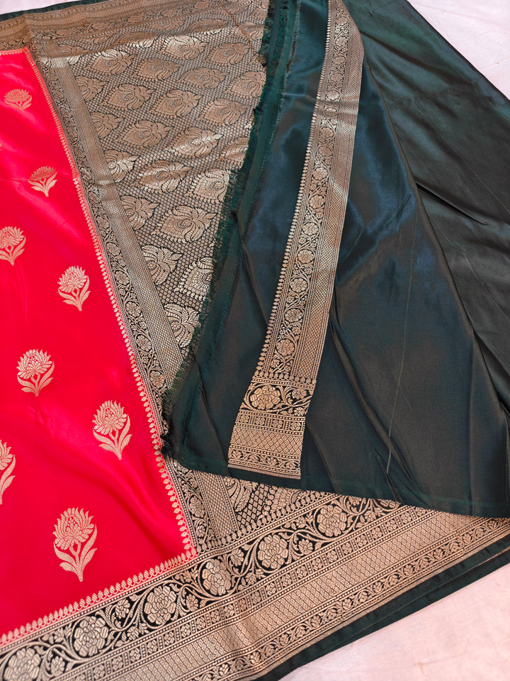 BRIGHT RED MASHRU KATAN SILK WITH BOTTLE GREEN BORDER