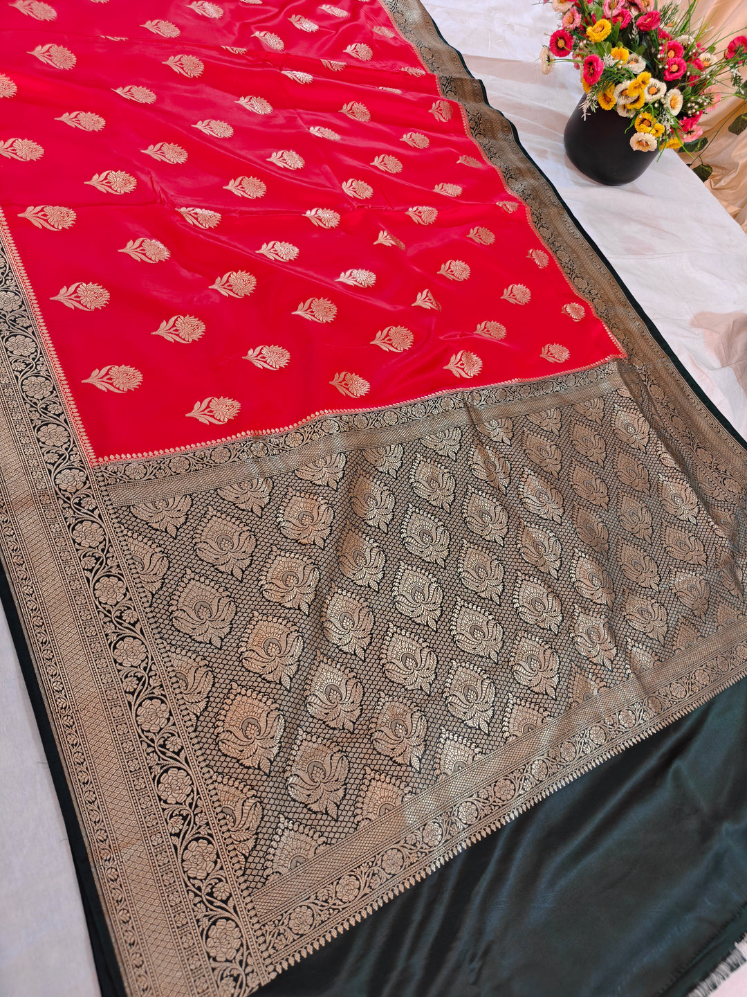 BRIGHT RED MASHRU KATAN SILK WITH BOTTLE GREEN BORDER