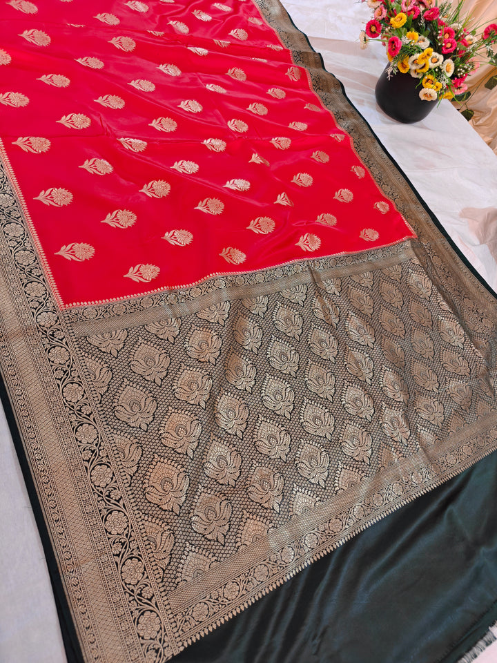 BRIGHT RED MASHRU KATAN SILK WITH BOTTLE GREEN BORDER