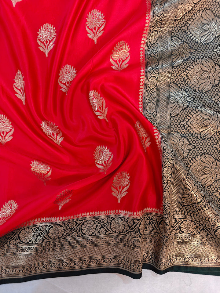 BRIGHT RED MASHRU KATAN SILK WITH BOTTLE GREEN BORDER