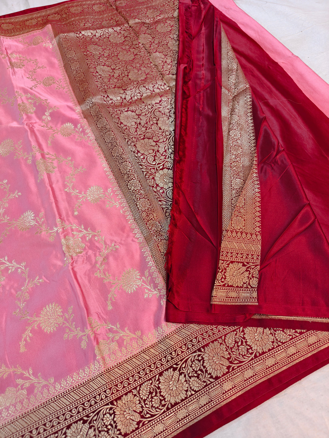 BABY PINK BANARASI MASHRU KATAN SILK WITH MAROON BORDER