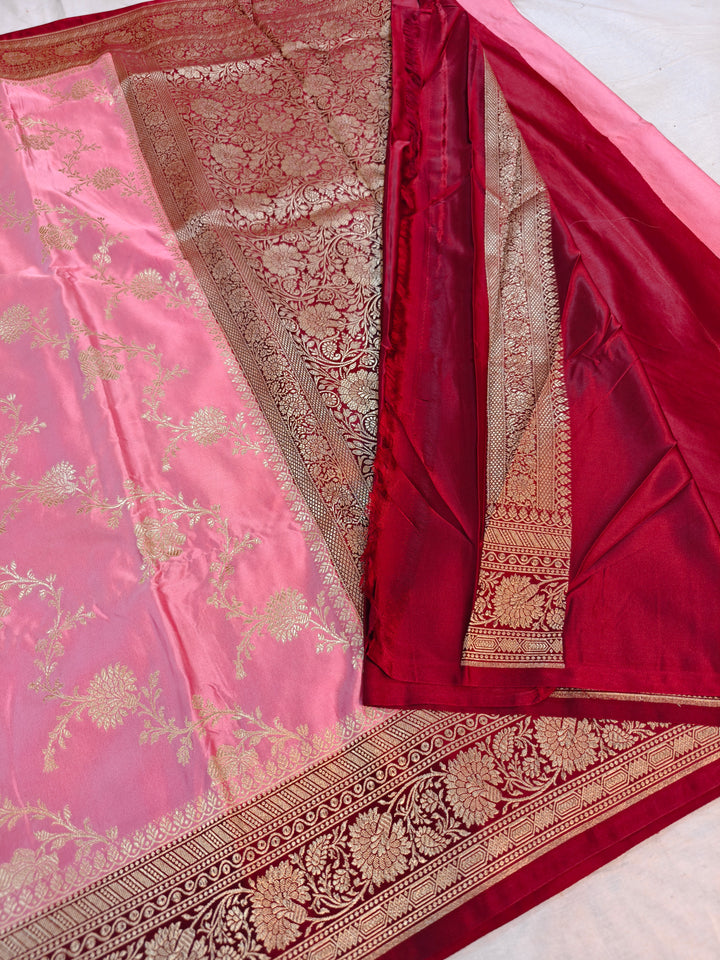 BABY PINK BANARASI MASHRU KATAN SILK WITH MAROON BORDER