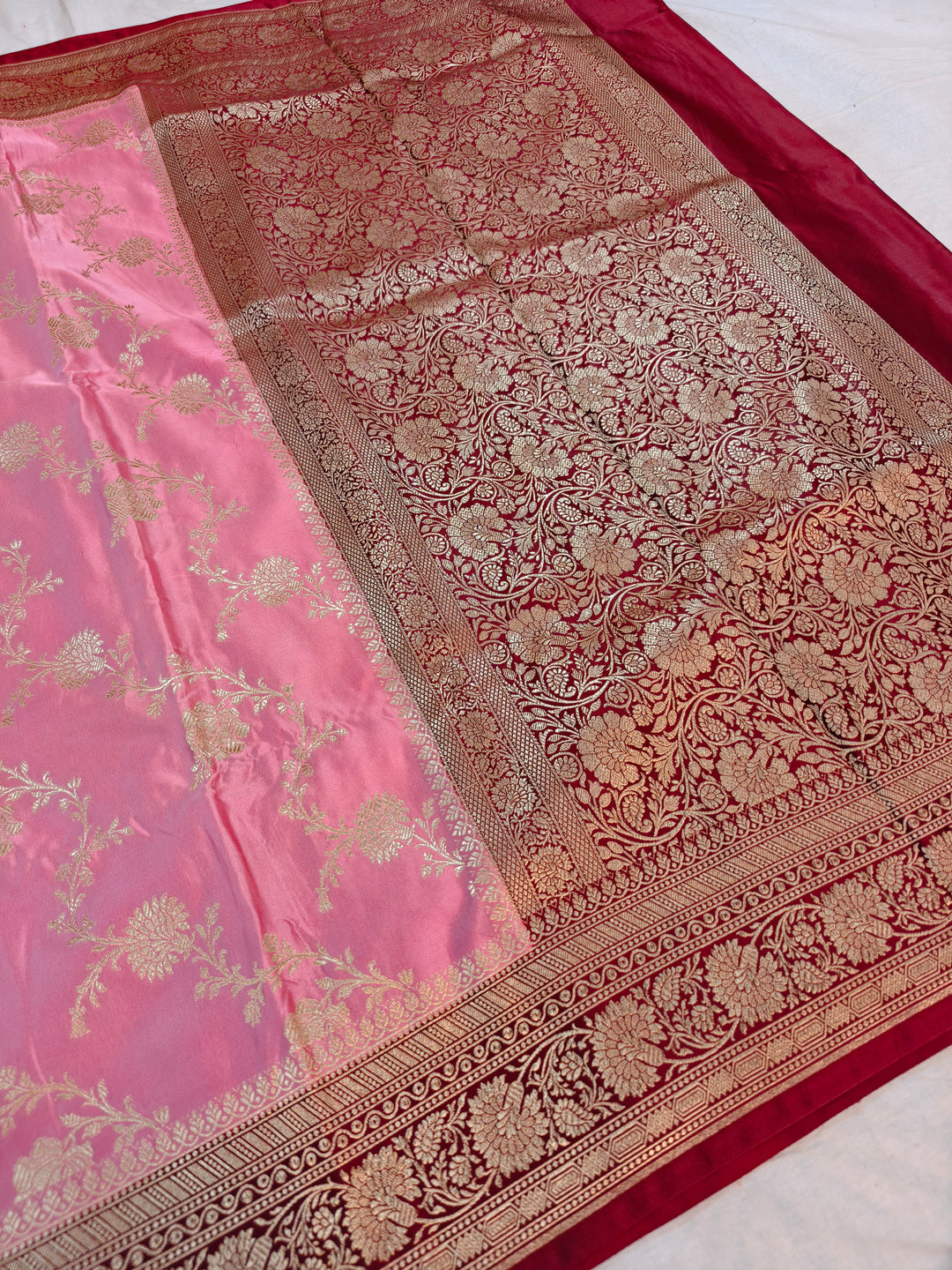 BABY PINK BANARASI MASHRU KATAN SILK WITH MAROON BORDER