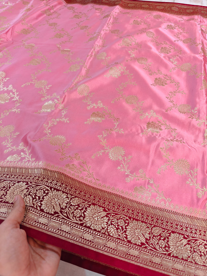BABY PINK BANARASI MASHRU KATAN SILK WITH MAROON BORDER