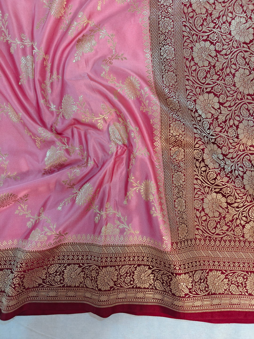 BABY PINK BANARASI MASHRU KATAN SILK WITH MAROON BORDER
