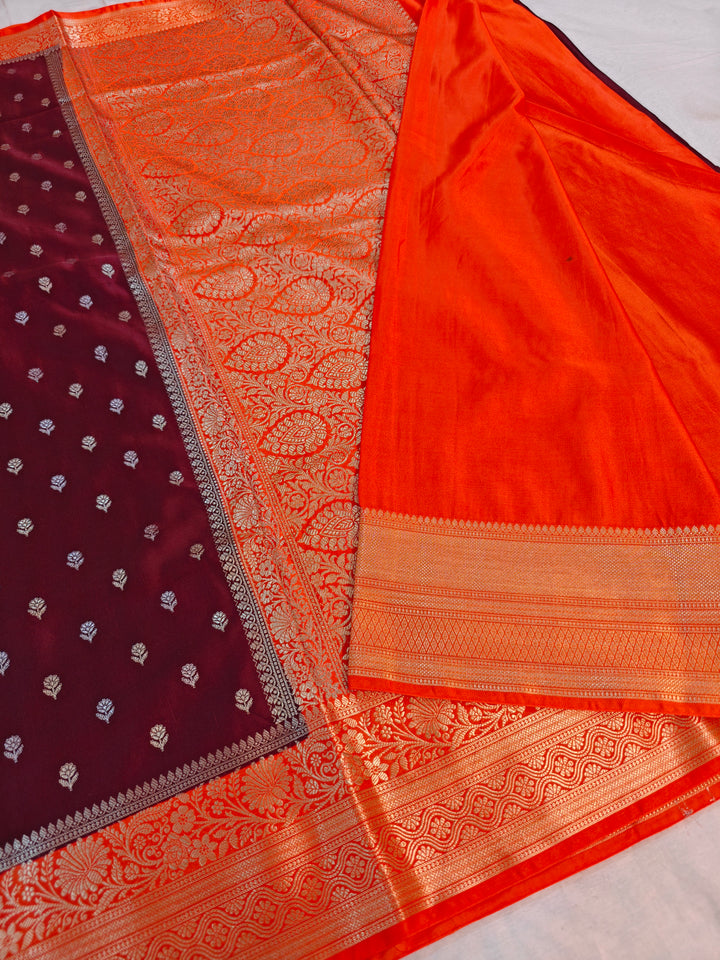 GARNET MASHRU KATAN SILK WITH TANGY ORANGE BORDER
