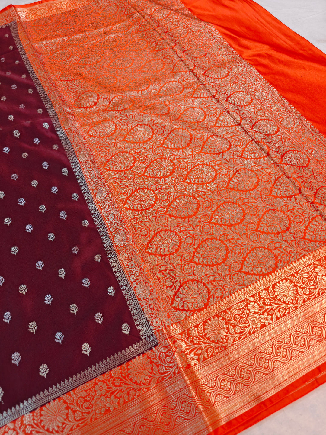 GARNET MASHRU KATAN SILK WITH TANGY ORANGE BORDER
