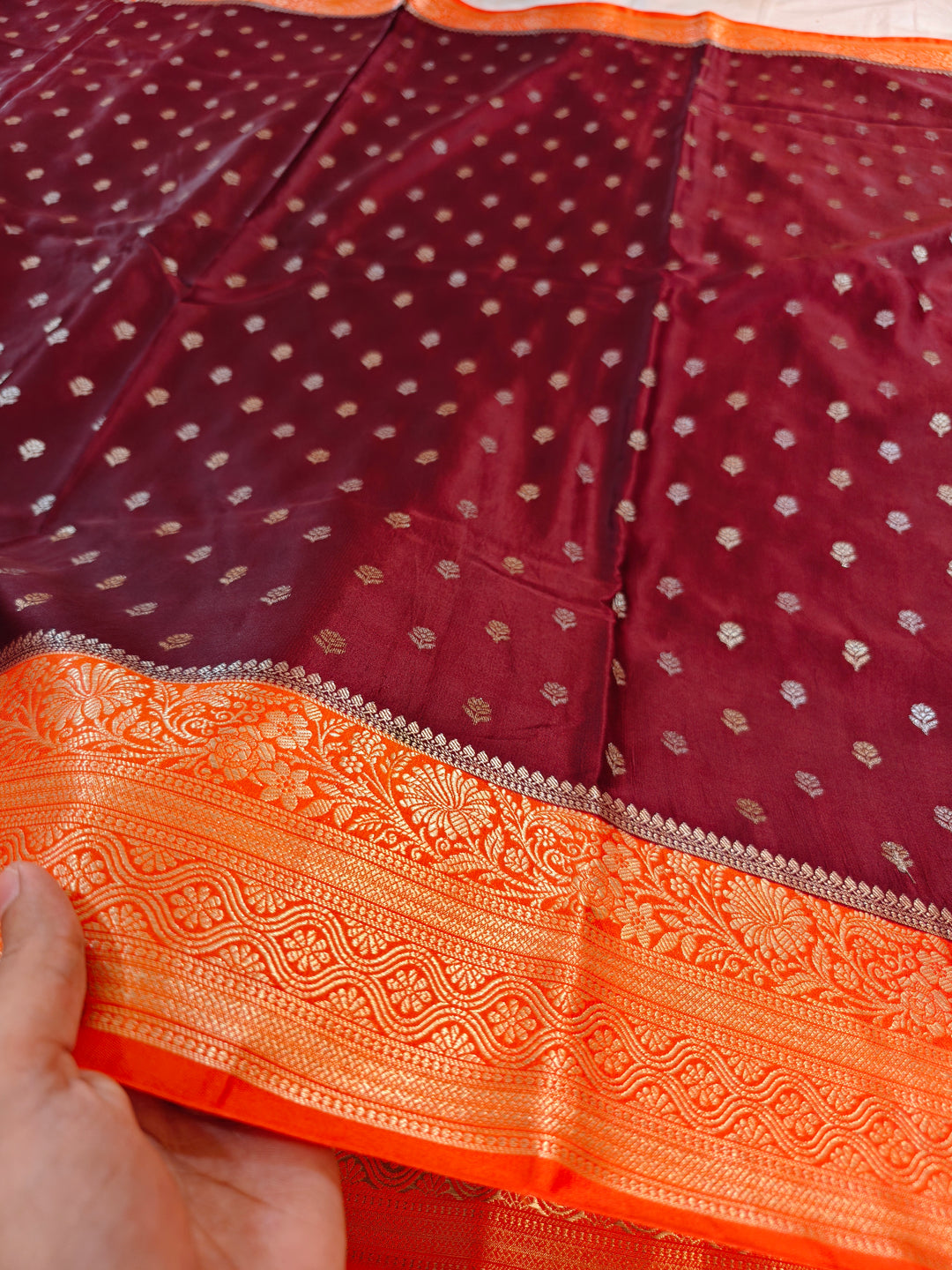 GARNET MASHRU KATAN SILK WITH TANGY ORANGE BORDER