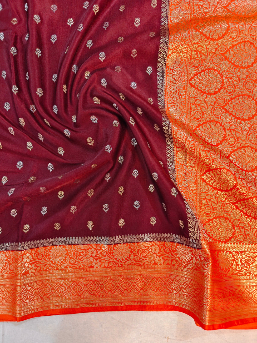 GARNET MASHRU KATAN SILK WITH TANGY ORANGE BORDER