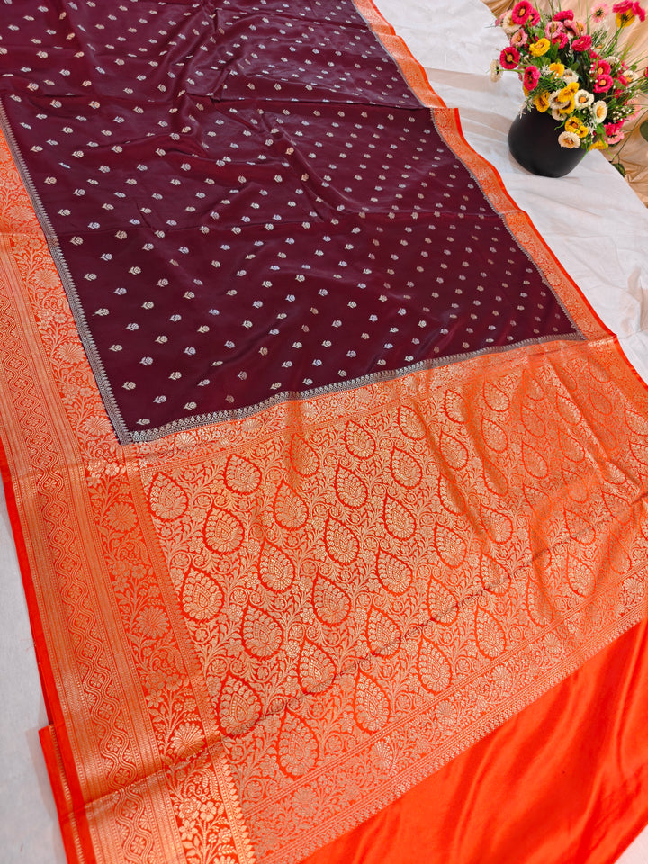 GARNET MASHRU KATAN SILK WITH TANGY ORANGE BORDER
