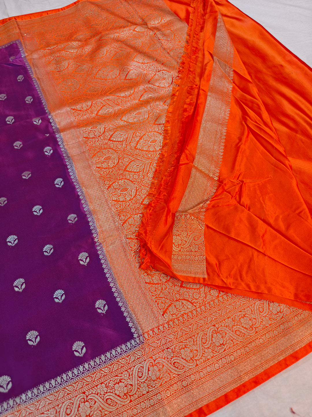 MAGENTA MASHRU KATAN SILK WITH TANGY ORANGE BORDER
