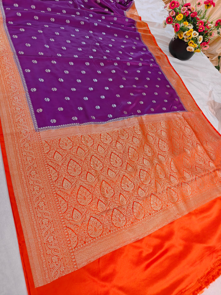 MAGENTA MASHRU KATAN SILK WITH TANGY ORANGE BORDER