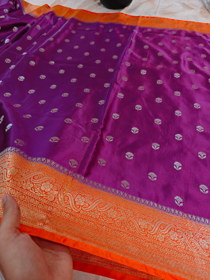 MAGENTA MASHRU KATAN SILK WITH TANGY ORANGE BORDER