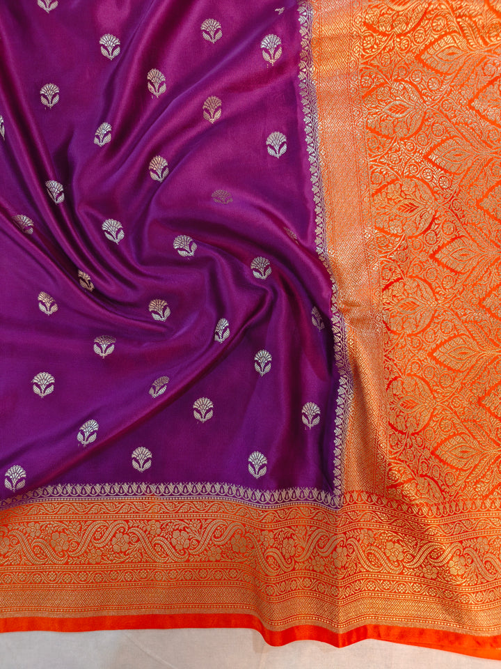 MAGENTA MASHRU KATAN SILK WITH TANGY ORANGE BORDER