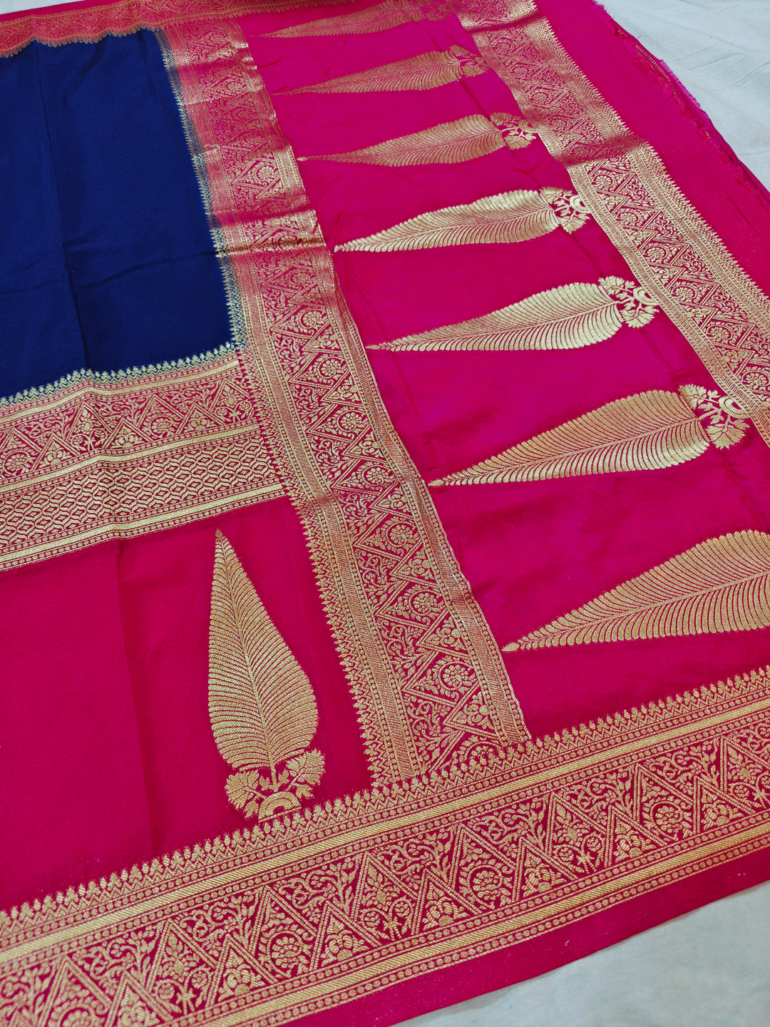ROYAL BLUE KHADDI GEORGETTE WITH KAIRI BOOTA ON RANI BORDER