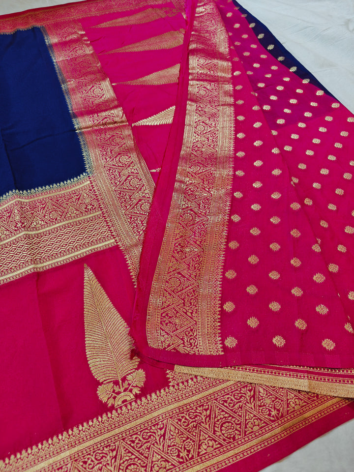 ROYAL BLUE KHADDI GEORGETTE WITH KAIRI BOOTA ON RANI BORDER