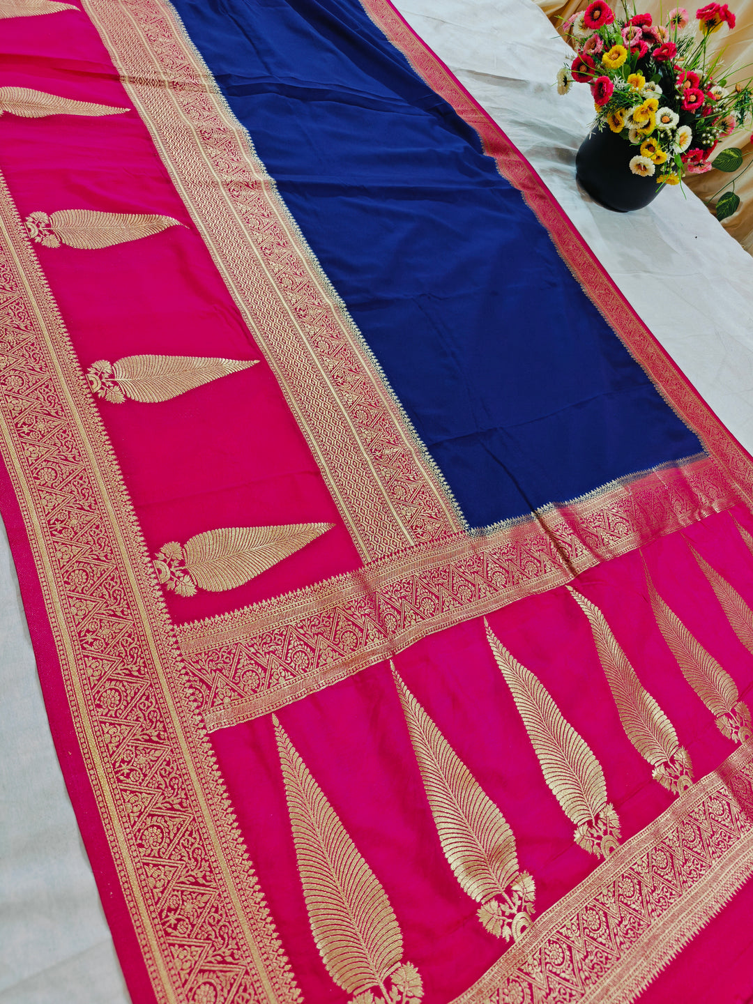ROYAL BLUE KHADDI GEORGETTE WITH KAIRI BOOTA ON RANI BORDER