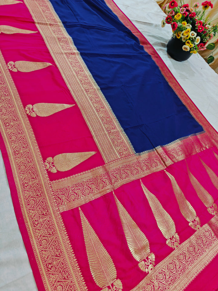 ROYAL BLUE KHADDI GEORGETTE WITH KAIRI BOOTA ON RANI BORDER