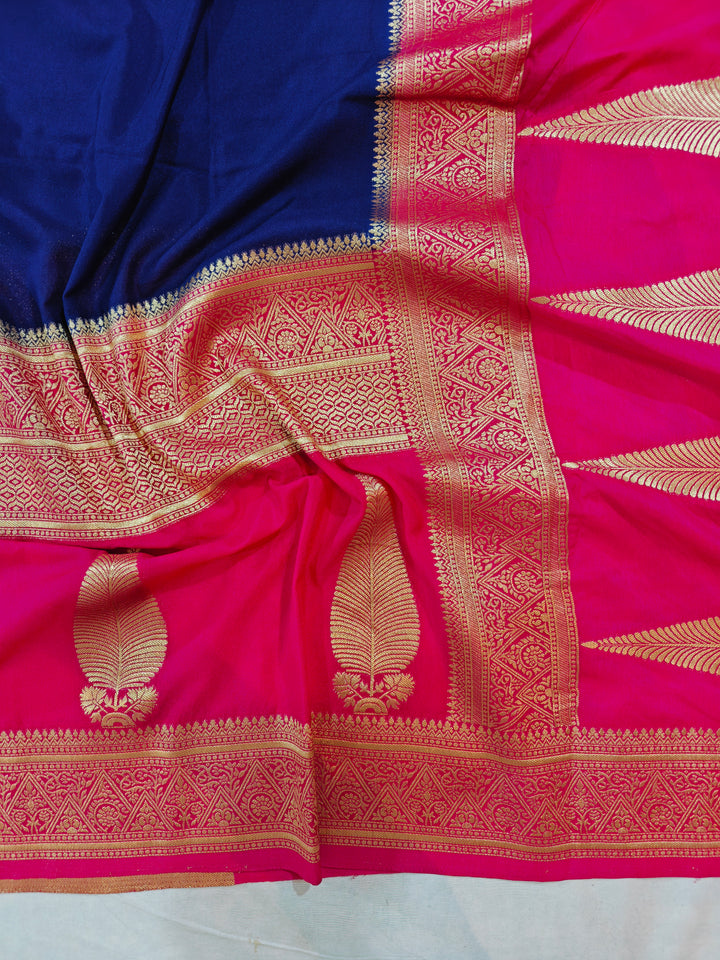 ROYAL BLUE KHADDI GEORGETTE WITH KAIRI BOOTA ON RANI BORDER