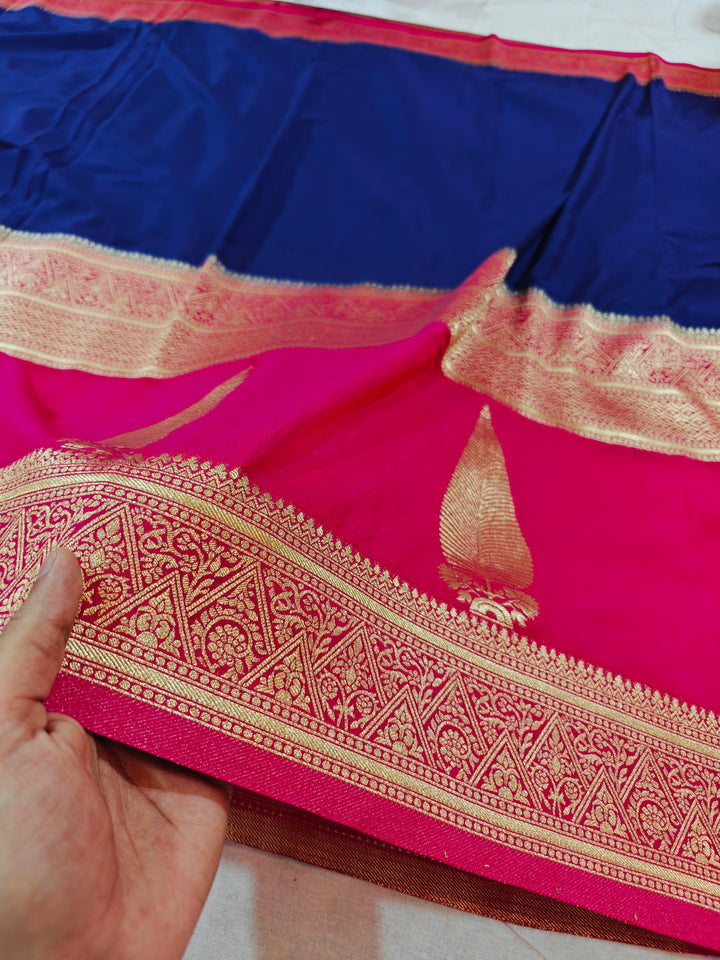 ROYAL BLUE KHADDI GEORGETTE WITH KAIRI BOOTA ON RANI BORDER