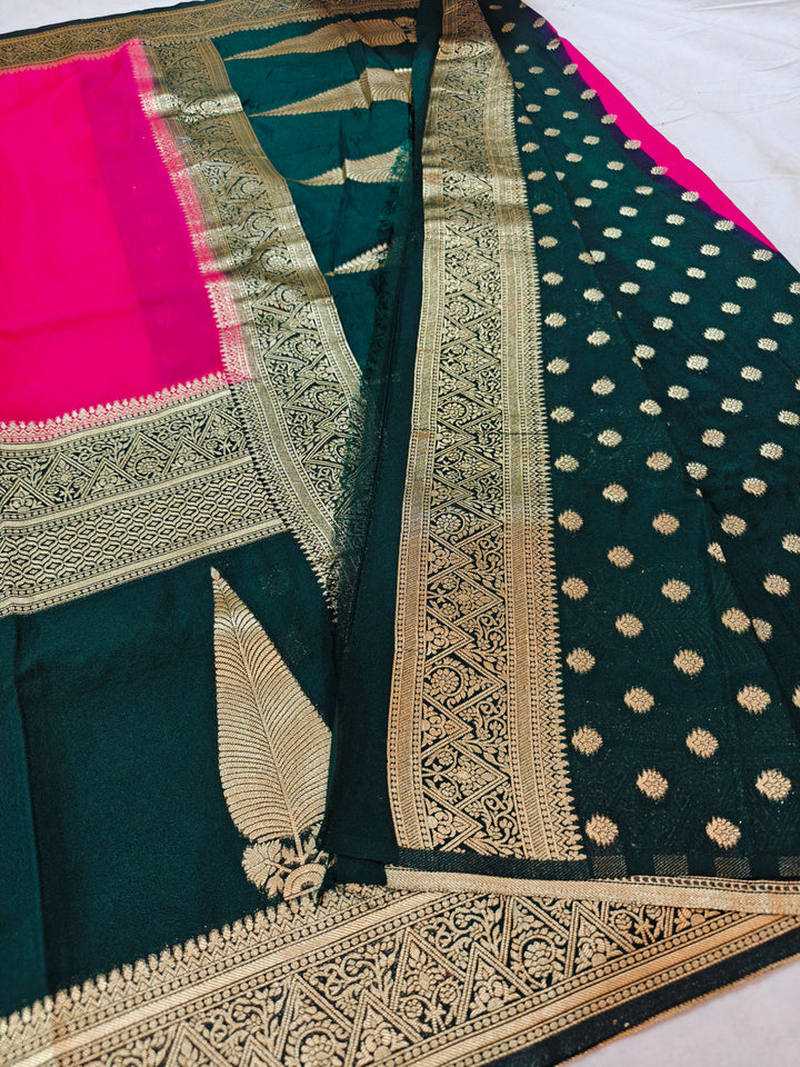 VIBRANT PINK KHADDI GEORGETTE WITH KAIRI BOOTA ON BLACK BORDER